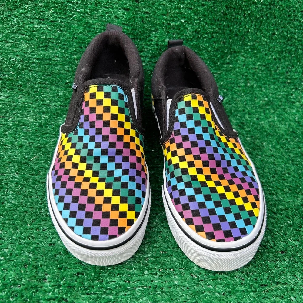 Vans Classic Slip-On Rainbow Checkerboard Black Multi Shoes US Missy 2.0 500714
